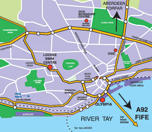 Map Showing Locations of Lochee and Olympia Swimming Centres